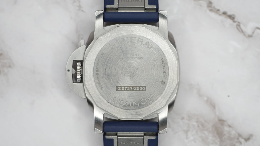 Panerai Luminor Marina PAM01370 stainless steel caseback with Z-series engraving and visible surface marks.