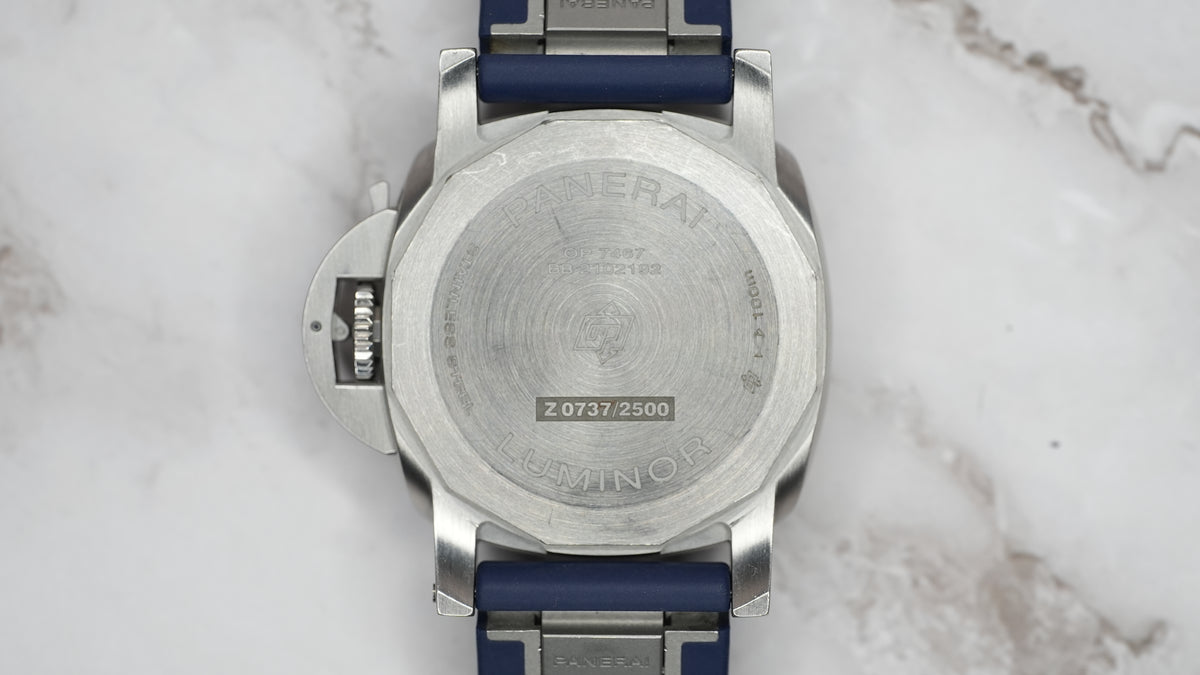 Panerai Luminor Marina PAM01370 stainless steel caseback with Z-series engraving and visible surface marks.